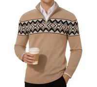 Rave on Friday Maglione Fair Isle da Uomo Vintage con Scollo a V e Zip a Tre Quarti, Termico, Slim Fit, Maglia, Colore Cachi XL