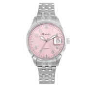 Ravel Plus - Orologio da Donna Rotondo 34 mm con Calendario e Impermeabilità 3 ATM, Vetro Zaffiro e Quadrante Sunray - Analogico Quarzo - RPD005LB - Acciaio Inossidabile/Quadrante Rosa