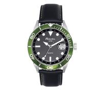 Ravel Plus - Orologio da Uomo 42mm con Calendario e Impermeabilità 5ATM, Lunetta Girevole Unidirezionale e Vetro Zaffiro con Rivestimento Protettivo - RPD010M - Nero/Lunetta Verde