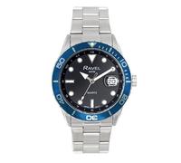 Ravel Plus - Orologio da Uomo 42mm con Calendario e Impermeabilità 5ATM, Lunetta Girevole Unidirezionale e Vetro Zaffiro con Rivestimento Protettivo - RPD011MB - Acciaio Inox/Lunetta Blu
