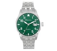 Ravel Plus - Orologio da Uomo Rotondo 40 mm con Calendario e Impermeabilità 3 ATM, Vetro Zaffiro e Quadrante Sunray - Analogico Quarzo - RPD002MB - Acciaio Inossidabile/Quadrante Verde