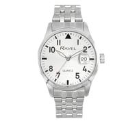 Ravel Plus - Orologio da Uomo Rotondo 40 mm con Calendario e Impermeabilità 3 ATM, Vetro Zaffiro e Quadrante Sunray - Analogico Quarzo - RPD004MB - Acciaio Inossidabile/Quadrante Argentato