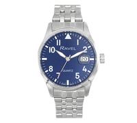 Ravel Plus - Orologio da Uomo Rotondo 40 mm con Calendario e Impermeabilità 3 ATM, Vetro Zaffiro e Quadrante Sunray - Analogico Quarzo - RPD001MB - Acciaio Inossidabile/Quadrante Blu