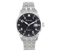 Ravel Plus - Orologio da Uomo Rotondo 40 mm con Calendario e Impermeabilità 3 ATM, Vetro Zaffiro e Quadrante Sunray - Analogico Quarzo - RPD003MB - Acciaio Inossidabile/Quadrante Nero