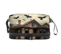 Raven Flying Over Abandoned Cabin - Trousse a doppio strato, per donne e ragazze, trousse da viaggio per trucchi, con scomparto per pennelli, Multi, 27x15x14 cm/10.6x5.9x5.5 in, Beauty case