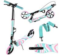 Raven - Monopattino per bambini, adulti - Scooter - Monopattino - Pieghevole, regolabile, tracolla per il trasporto, campanello - Zea Mint/Pink con Freno a Mano, ruote da 200 mm