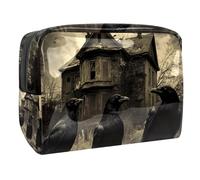 Ravens on Abandoned House, trousse da donna, per articoli da toeletta da viaggio, grande, in PVC, con cerniera, Multi, 18.5x7.5x13cm/7.3x3x5.1in, Beauty case