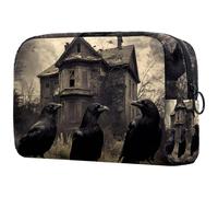 Ravens on Abandoned House, trousse da donna, per articoli da toeletta da viaggio, grande, pratica borsa organizer con cerniera, Multi, 18.5x7.5x13cm/7.3x3x5.1in, Beauty case
