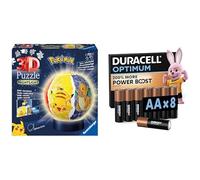 Ravensburger 3D Puzzle Ball Pokémon LED, 72 pezzi, 6+ anni, & Duracell Optimum AA 8 pz, Power Boost