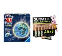 Ravensburger 3D Puzzle Ball Terra LED, 72 pezzi, 6+ anni, & Duracell AA Ricaricabili 8 pz, 2500mAh