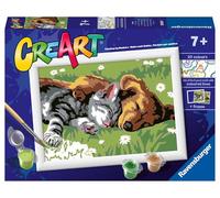 Ravensburger Creart Serie E Cane E Gatto Dolce Sonno, Kit Per Dipingere Con I Numeri, Contiene Una Tavola Prestampata, Pennello, Colori e Cornice, Gioco Creativo Per Bambini 7+ Anni, Idee regalo