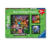 Ravensburger - Minecraft, Puzzle Bambini 5+ Anni, Con 3 Puzzle Da 49 Pezzi | Include 3 puzzle da 49 pezzi di Minecraft, giochi educativi e divertenti, ideali come regalo per ogni occasione dai 5 anni.