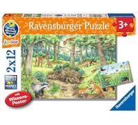 RAVENSBURGER PUZZLE 05673 Animali nel Bosco e sul Prato - 2 x 12 Pezzi + Poster della Conoscenza, Wieso Che Cosa perché Puzzle per Bambini dai 3 Anni