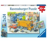Ravensburger, Puzzle 2x24 pezzi, Per bambini a partire dai 4 anni, 2 puzzle da 24 pezzi ciascuno, Dimensione puzzle 26x18cm, Raccolta dei rifiuti e carro attrezzi