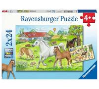 Ravensburger, Puzzle 2x24 pezzi, Per bambini a partire dai 4 anni, 2 puzzle da 24 pezzi ciascuno, Dimensione puzzle 26x18cm, Cavalli nel maneggio