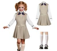 Raveparty Costume da bambola raccapricciante per bambine, costume di Halloween per ragazze, costume da bambola assassina con adesivi cicatrici, per ragazze, costume di Halloween spaventoso (marrone