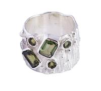 Ravishing Impressions Anello con lunetta in moldavite, con pietre verdi sfaccettate rettangolari e rotonde, 7 x 5 mm, 7 x 4,5 mm, 3 mm, anello impilabile per uso quotidiano e occasioni speciali, J1