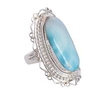Ravishing Impressions Anello Larimar in argento 925 26 x 11 mm Marquise ovale rotondo cabochon lunetta blu regolabile pietra naturale fatta a mano gioielli regalo per le donne, K 1/2, Gemma, Larimar