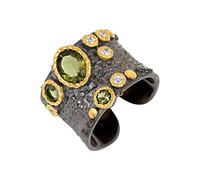 Ravishing Impressions Anello ovale impilabile con lunetta in moldavite e zirconia cubica, 8 x 6 mm, con pietre sfaccettate verdi rotonde da 4 mm e 3 mm, gioielli alla moda, J1/2,49(15.6), Gemma