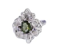 Ravishing Impressions Anello ovale in moldavite e zirconia cubica, set di gemme sfaccettate verdi, gioielli fatti a mano, regalo dichiarazione, P1/2,57(18.1), Gemma, Moldavite, zircone cubico
