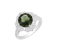 Ravishing Impressions Anello rotondo realizzato a mano con moldavite e zirconia cubica, pietre sfaccettate verdi, 10 mm, 2 mm, 10 g, gioielli regalo per donne, J1/2,49(15.6), Gemma, Moldavite, zircone