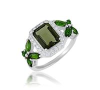 Ravishing Impressions Moldavite e Cubic Zirconia Anello Rebbio Set Rettangolo Marquise rotondo sfaccettato verde gemme 9x7mm 4.1g Gioielli fatti a mano, M1/2,53(16.9), Gemma, Moldavite, zirconia