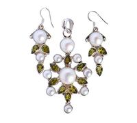 Ravishing Impressions Parure di gioielli con perle e peridoto da donna, ciondolo e orecchini per sposa, damigella d'onore, San Valentino, 10 mm, 5 mm, 7 x 5 mm, pietra preziosa argento