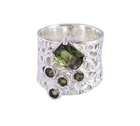 Ravishing Impressions Set di anelli in moldavite con pietre verdi sfaccettate rettangolari e rotonde, 9 x 7 mm, 3 mm, 12,4 g, gioielli fatti a mano, regalo per donne o uomini, X1/2,68(21.60), Gemma
