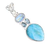 Ravishing Impressions Splendido ciondolo larimar con topazio blu e pietra di luna arcobaleno in argento Sterling 925 massiccio ciondolo di design gioielli da ballo, Pietra preziosa, Larimar, topazio