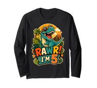 Rawr I'm 5 Cool T-Rex Dinosaur Jungle 5th Birthday Boy Maglia a Manica