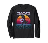 Rawr T-Rex Dinosauro Synthwave Anni '80 Retro Cuore Valentine Maglia a Manica