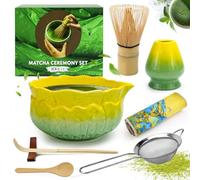 Raxfekro Set Matcha da 8 pezzi, scopa matcha, frusta per matcha, cucchiaio per matcha, ciotola per matcha con beccuccio, per whisk, setaccio in acciaio inox, set per tè in ceramica (verde diventa