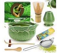 Raxfekro Set Matcha da 8 pezzi, scopa matcha, frusta per matcha, cucchiaio per matcha, ciotola per matcha con beccuccio, per whisk, cucchiaio per colino in acciaio inox, set per tè in ceramica (verde
