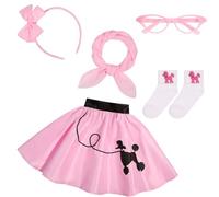 Rayekrot Costumi anni '50 per ragazze, set con gonna a barboncino rosa, con occhiali, sciarpa, fascia per capelli, calzini, costume di Halloween per bambini (6-8 anni)