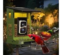 Rayki Mangiatoia per uccelli intelligente in metallo a energia solare con fotocamera, identificazione AI con luci solari, cam HD 2K e WiFi, avvisi di arrivo istantanei, regalo ideale per gli amanti
