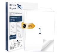 Raylu Paper - Etichette Adesive A4 da Stampare, 100 Fogli di Carta Adesiva per Stampante; Etichette Autoadesive Bianche per Adesivi Personalizzati, 1 etichetta per foglio (210x297 mm)