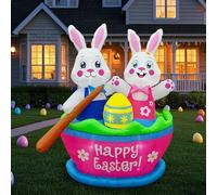 Raymall Gonfiabili pasquali decorazioni per esterni, 1,5 m di altezza, due coniglietti in barca, decorazioni per cortile di Pasqua con luci LED, gonfiabili a forma di coniglietto pasquale, gonfiabili