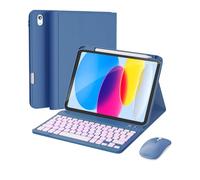 RAYMCRAFT Custodia per iPad 11a (A16, 2025)/10a generazione con tastiera, mouse e tastiera wireless rimovibile, retroilluminazione a 7 colori, custodia sottile con portapenne, blu acciaio