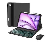 RAYMCRAFT Custodia per iPad Air 11" con tastiera M3/M2 (2025/2024), mouse e tastiera wireless staccabile, retroilluminazione a 7 colori, custodia sottile con portapenne, nera