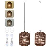 Rayofly 2 Pezzi Lampade Sospese a Batteria per Esterni, Boho Lampade Sospese in Rattan con Batteria, Lampada a Sospensione USB da Esterno con Lampadina e Telecomando, Lampada per Balcone e Terrazza