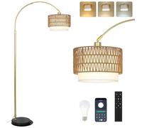 Rayofly Lampada ad Arco Oro da Soggiorno con Telecomando, Lampada da Terra Moderna da Soggiorno Dimmerabile con Paralume in Rattan e Lampadina LED, Controllo App, Lampada da Terra per Camera da Letto