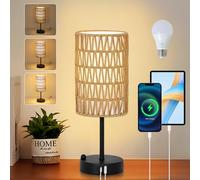 Rayofly Lampada da Comodino Touch Dimmerabile, Lampada da Letto con Funzione di Ricarica Porte USB A+C, Lampada da Tavolo Vintage con Paralume in Rattan e Lampadina LED per Camera da Letto e Soggiorno