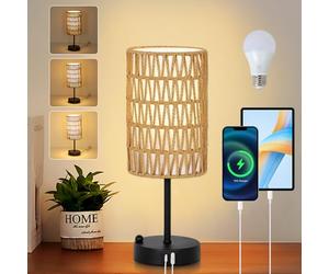 Rayofly Lampada da Comodino Touch Dimmerabile, Lampada da Letto con Funzione di Ricarica Porte USB C, Lampada da Tavolo Vintage con Paralume in Rattan e Lampadina LED per Camera da Letto e Soggiorno