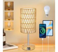 Rayofly Lampada da Letto Touch Dimmerabile, Lampada da Comodino con Funzione di Ricarica Porte USB A+C, Lampada da Tavolo Vintage con Paralume in Rattan e Lampadina LED, Lampada Touch per Soggiorno