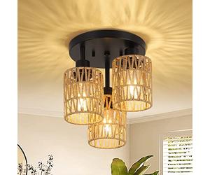 Rayofly Lampada da soffitto in rattan a sospensione, lampada da soffitto Boho a 3 luci con paralume in rattan, lampada a cesto vintage nera per soggiorno, camera da letto, cucina, corridoio