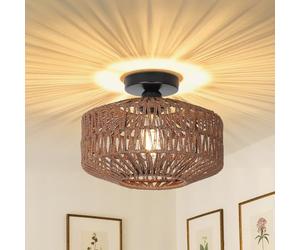 Rayofly Lampada da Soffitto in Rattan Marrone Scuro, Plafoniera Boho con Paralume in Rattan, Plafoniera Vintage in Bambù, Plafoniera Rustica in Rattan per Soggiorno, Camera da Letto, Corridoio