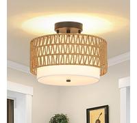 Rayofly Lampada da soffitto in stile bohémien per il soggiorno, plafoniera in rattan vintage con paralume in lino, plafoniera a incasso in bambù per camera da letto, corridoio, tavolo da pranzo, nero