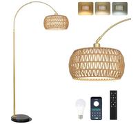 Rayofly Lampada da Terra da Soggiorno con Arco Oro, Lampada da Pavimento Moderna con Paralume in Rattan, Lampada da Pavimento Boho con Telecomando e Lampadina LED, Controllo App, Lampada da Pavimento