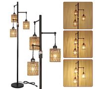 Rayofly Lampada da terra dimmerabile con paralume in rattan, lampada da terra vintage a 3 luci con dimmer, lampada da terra industriale per soggiorno, camera da letto, cameretta dei bambini, 165cm