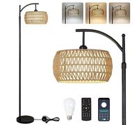 Rayofly Lampada da terra dimmerabile con telecomando, controllo tramite app, lampada da terra Boho con paralume in lino e rattan, lampada da terra per soggiorno, camera da letto